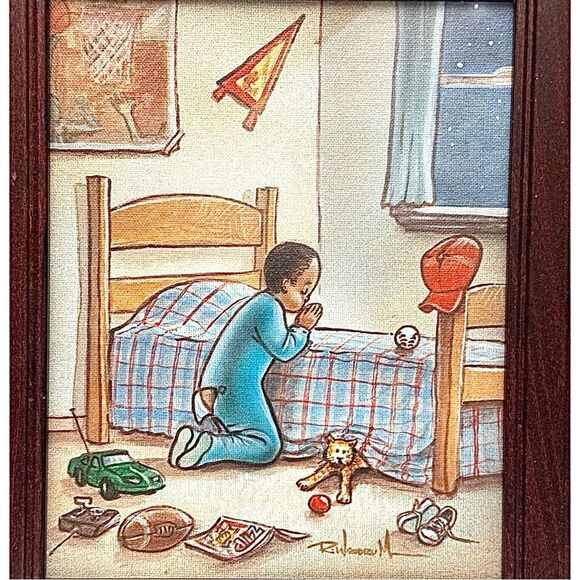 WOODRUM "BOY PRAYING " AFRICAN AMERICAN ON CANVAS PAINTING 12 X 14 FRAMED - Picture 2 of 4